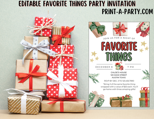 FAVORITE THINGS Christmas Party - Editable Holiday & Christmas Invitation Template – Customizable Festive Party Invite for Easy Sharing and Printing