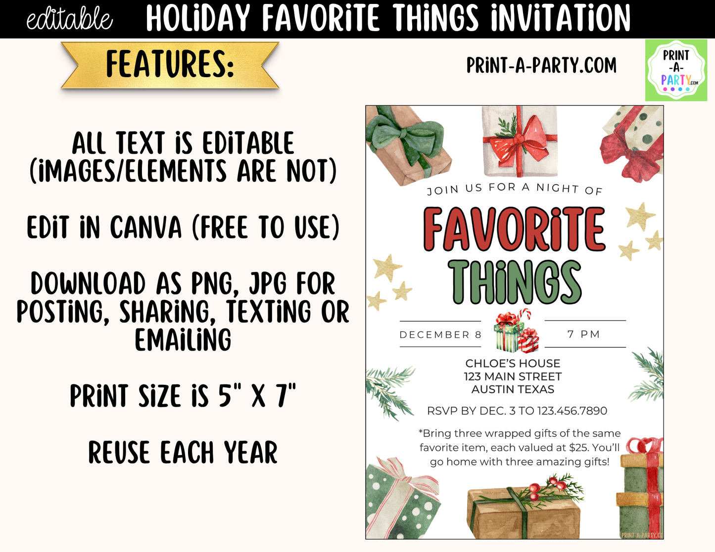 Favorite Things Christmas Party Invitation | Editable Canva Holiday Gift Exchange Invite