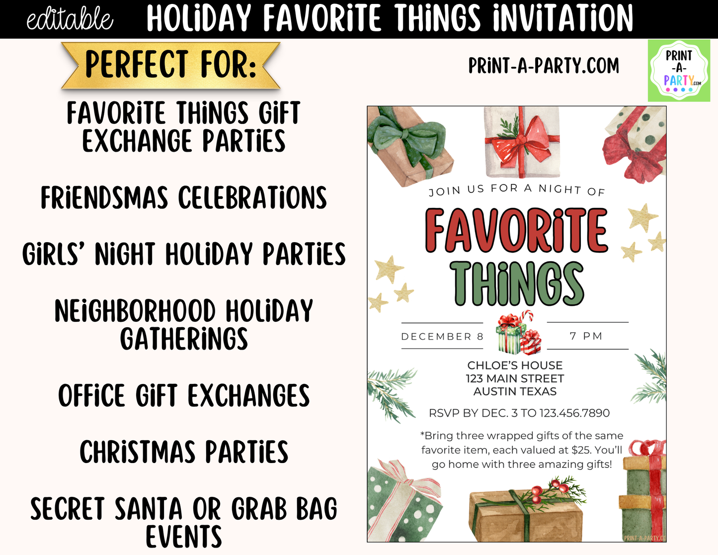 Favorite Things Christmas Party Invitation | Editable Canva Holiday Gift Exchange Invite