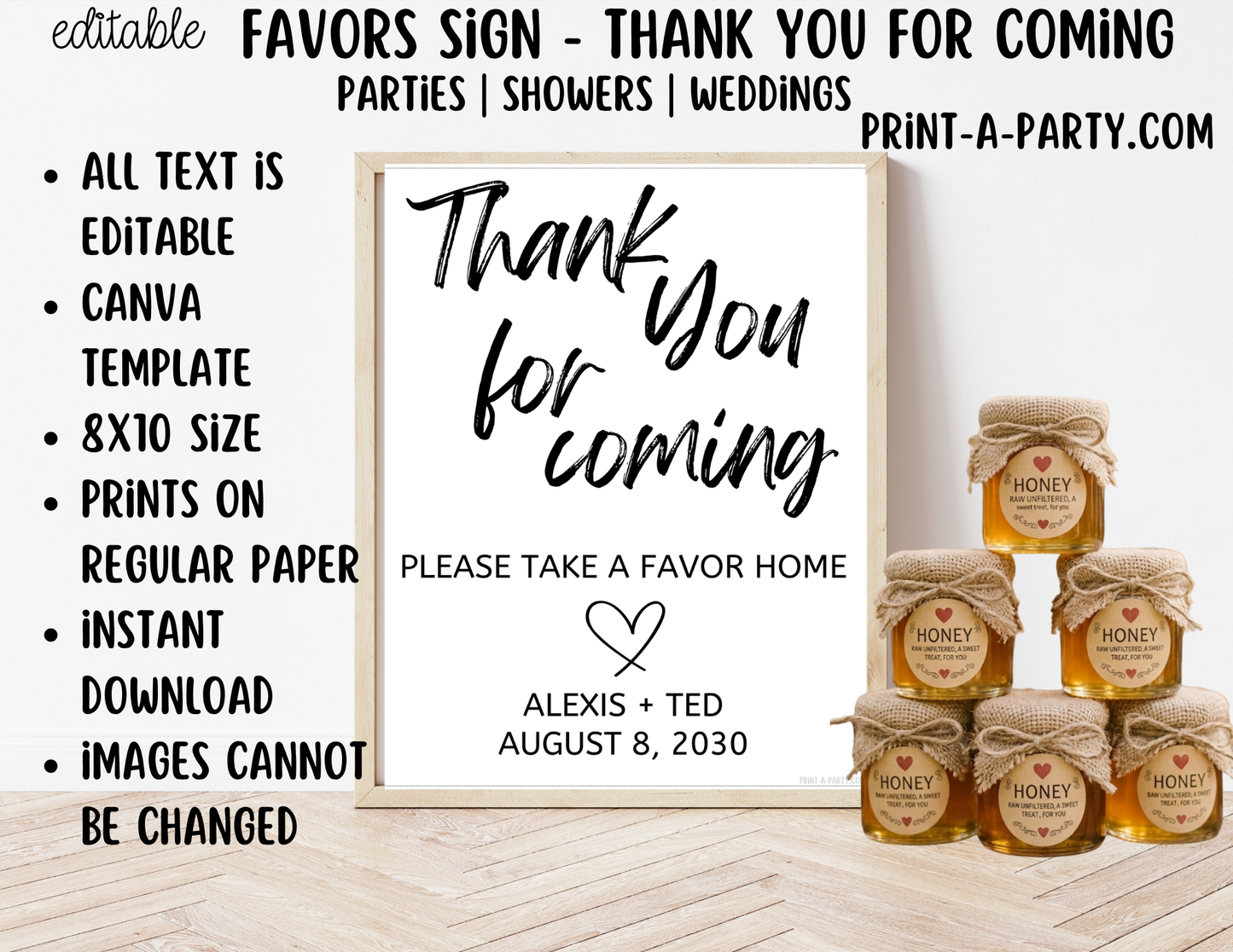 Editable Favors Sign (8x10) Thank You For Coming – Canva Printable Template