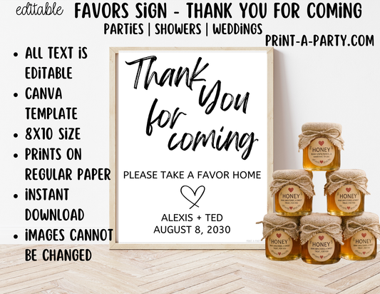 Editable Favors Sign (8x10) Thank You For Coming – Canva Printable Template