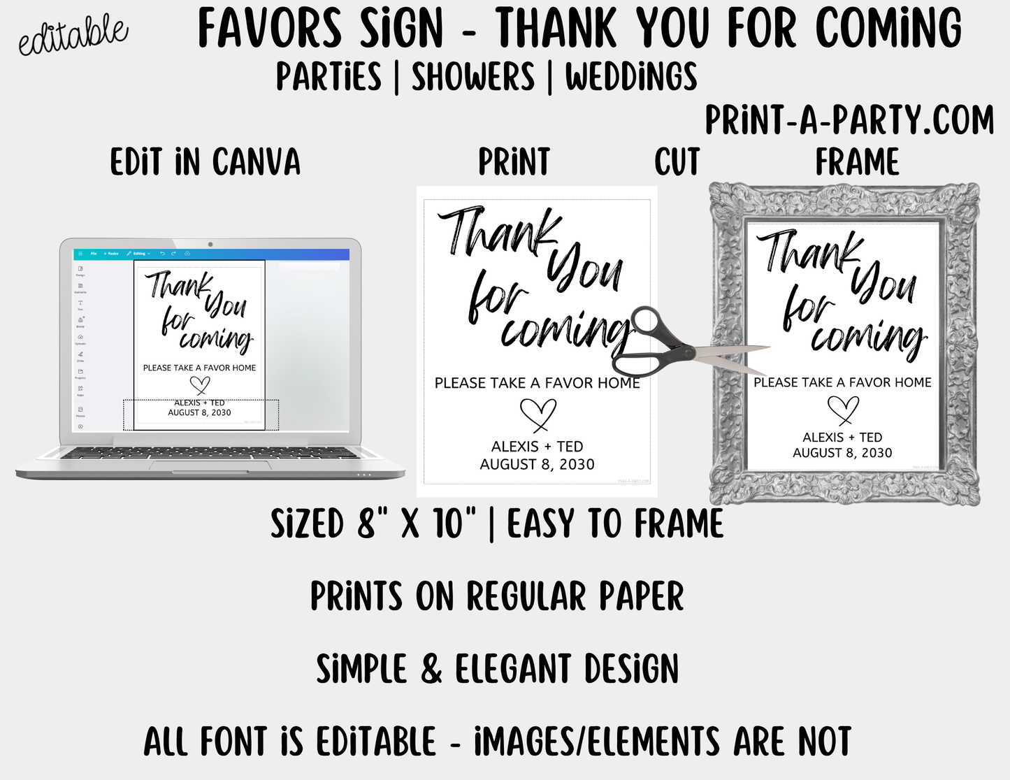 Editable Favors Sign (8x10) Thank You For Coming – Canva Printable Template