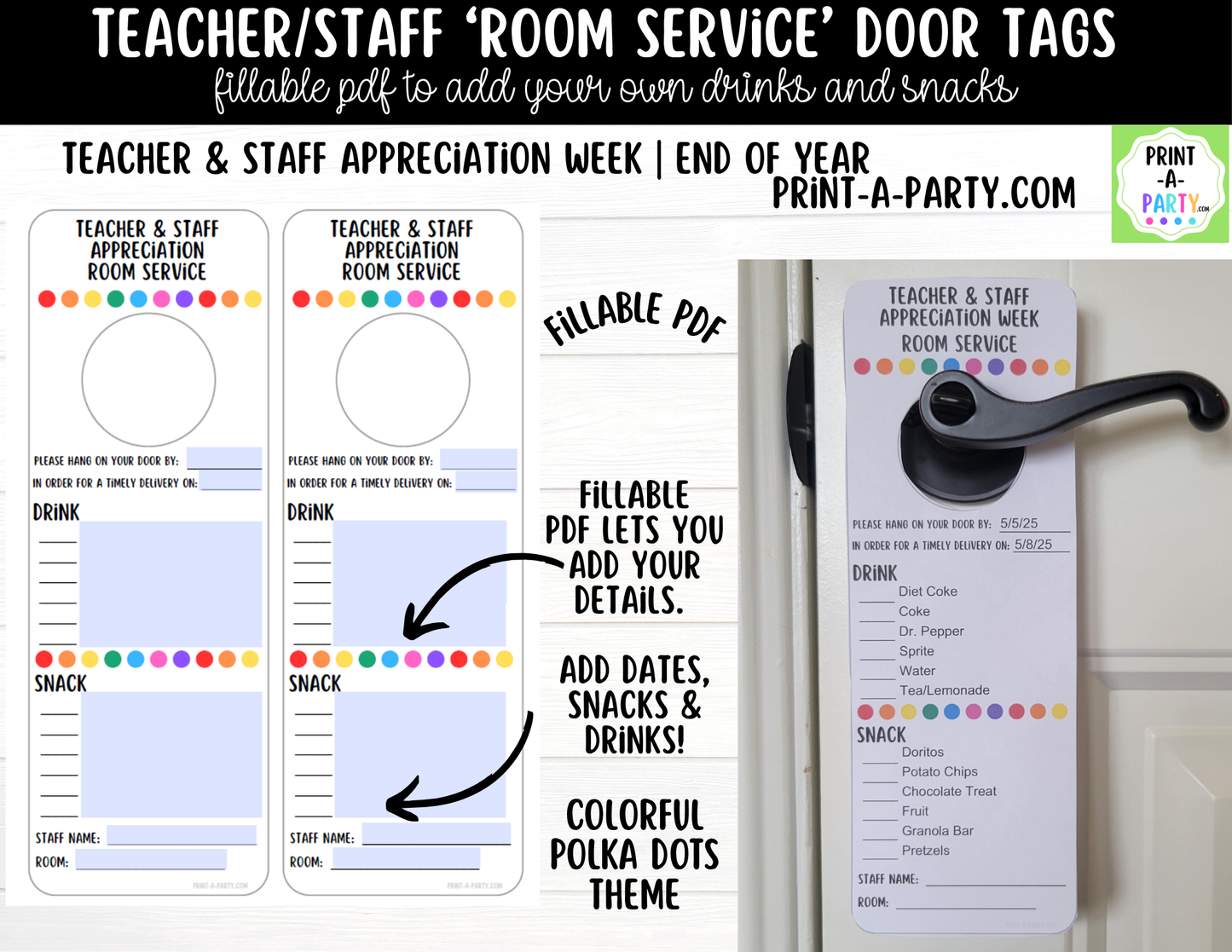 Room Service Door Tags - Editable via a Fillable PDF for Teacher Staff Appreciation