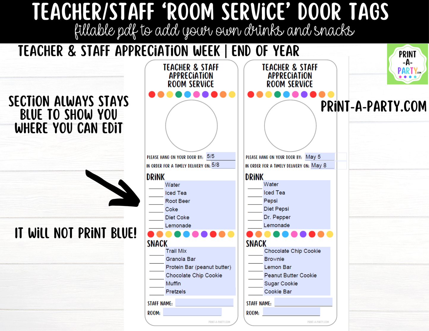 Room Service Door Tags - Editable via a Fillable PDF for Teacher Staff Appreciation