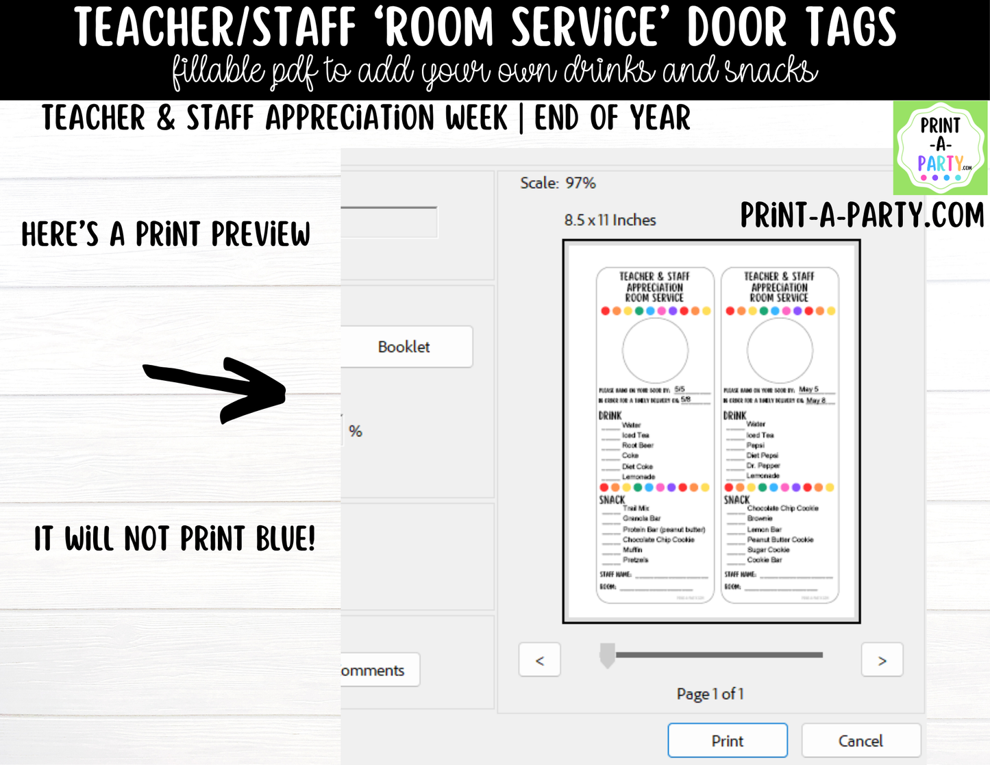 Room Service Door Tags - Editable via a Fillable PDF for Teacher Staff Appreciation