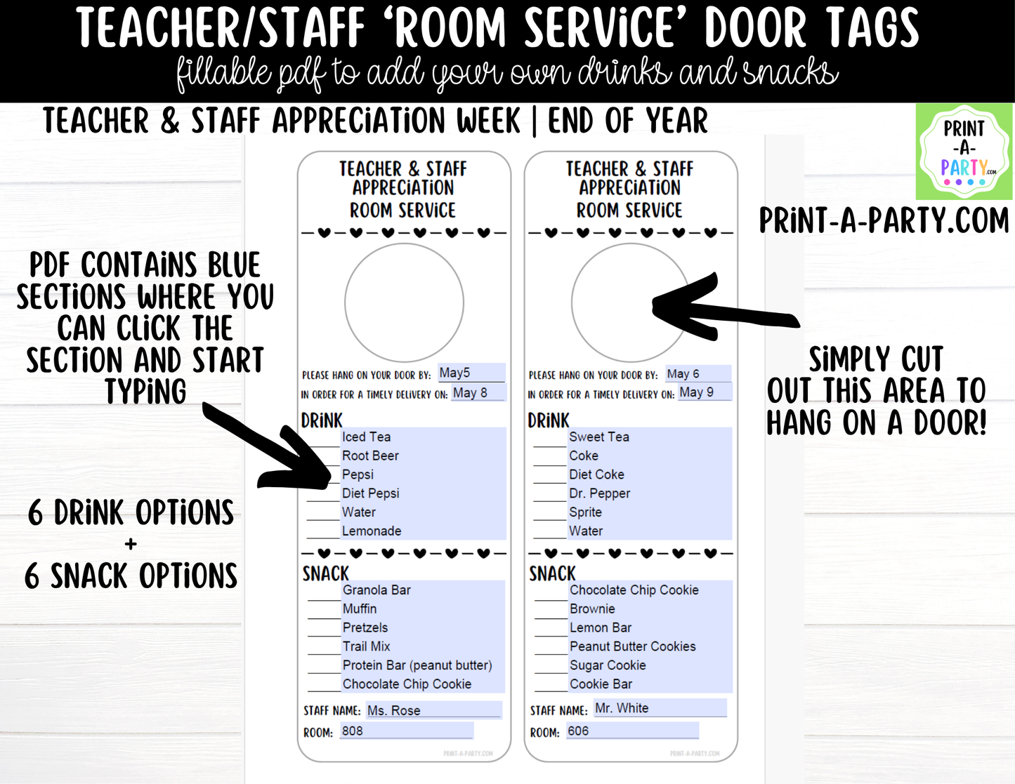 Room Service Door Tags - Editable via a Fillable PDF for Teacher Staff Appreciation