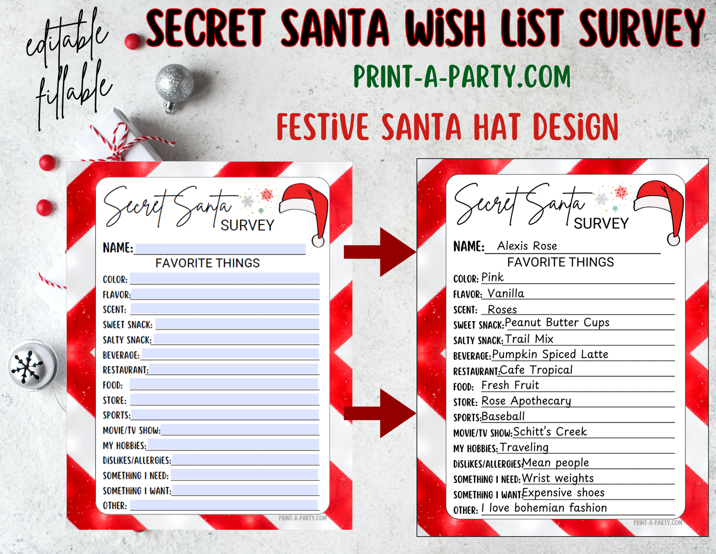 SECRET SANTA EDITABLE - FILLABLE SURVEY | Questionnaire Fillable Printable | Secret Santa Gift Exchange | Secret Santa Wish List | Co Worker Christmas | Grab Bag Gifts