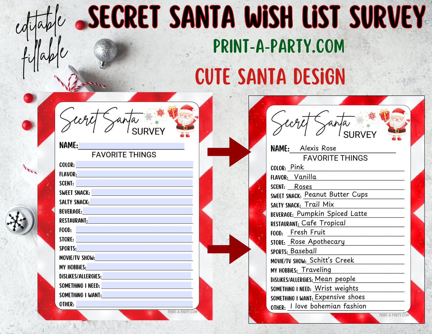 SECRET SANTA EDITABLE - FILLABLE SURVEY | Questionnaire Fillable Printable | Secret Santa Gift Exchange | Secret Santa Wish List | Co Worker Christmas | Grab Bag Gifts