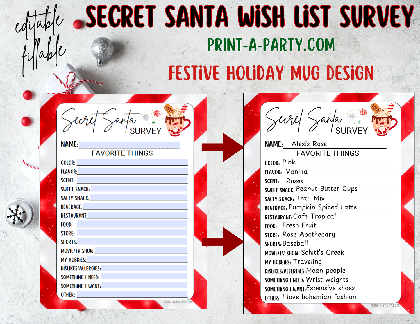 SECRET SANTA EDITABLE - FILLABLE SURVEY | Questionnaire Fillable Printable | Secret Santa Gift Exchange | Secret Santa Wish List | Co Worker Christmas | Grab Bag Gifts