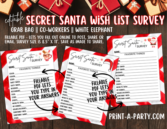 SECRET SANTA EDITABLE - FILLABLE SURVEY | Questionnaire Fillable Printable | Secret Santa Gift Exchange | Secret Santa Wish List | Co Worker Christmas | Grab Bag Gifts