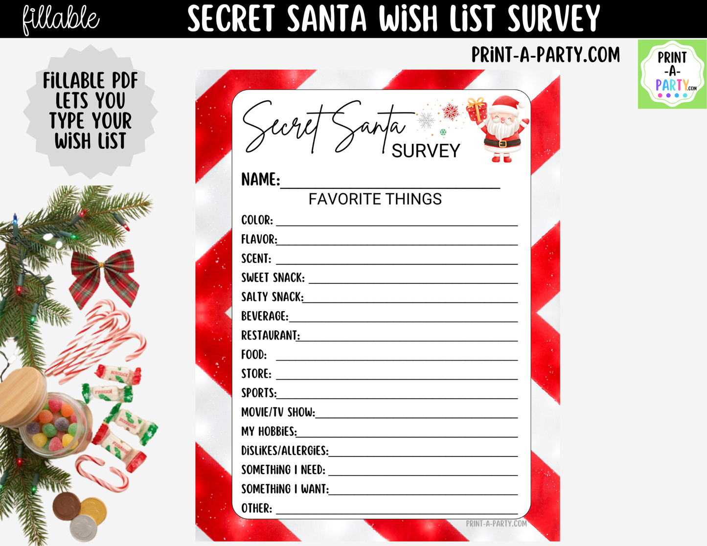 Secret Santa Wish List Fillable PDF | Digital Holiday Gift Exchange Survey