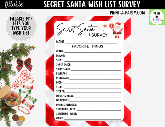Secret Santa Wish List Fillable PDF | Digital Holiday Gift Exchange Survey