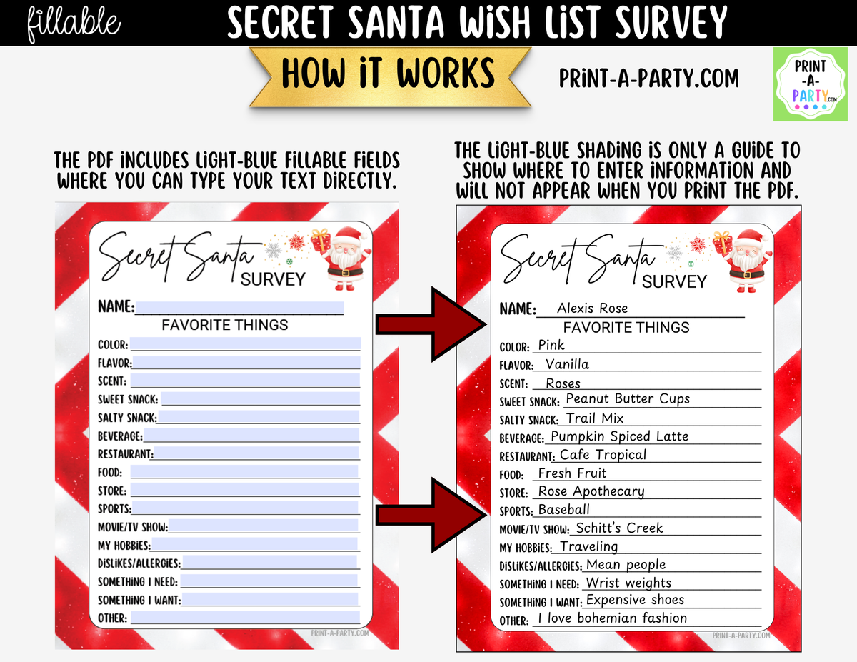Secret Santa Wish List Fillable PDF | Digital Holiday Gift Exchange Survey