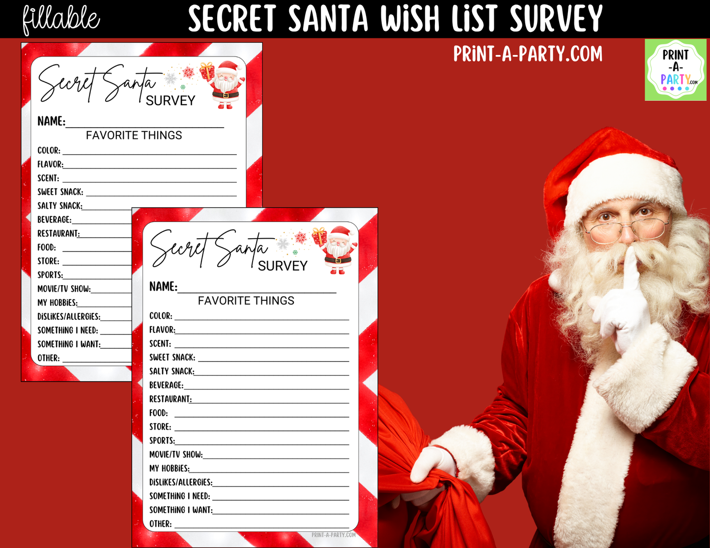 Secret Santa Wish List Fillable PDF | Digital Holiday Gift Exchange Survey