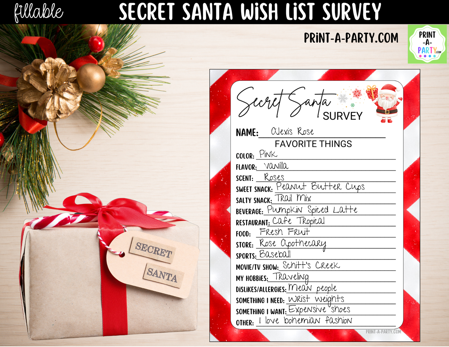 Secret Santa Wish List Fillable PDF | Digital Holiday Gift Exchange Survey