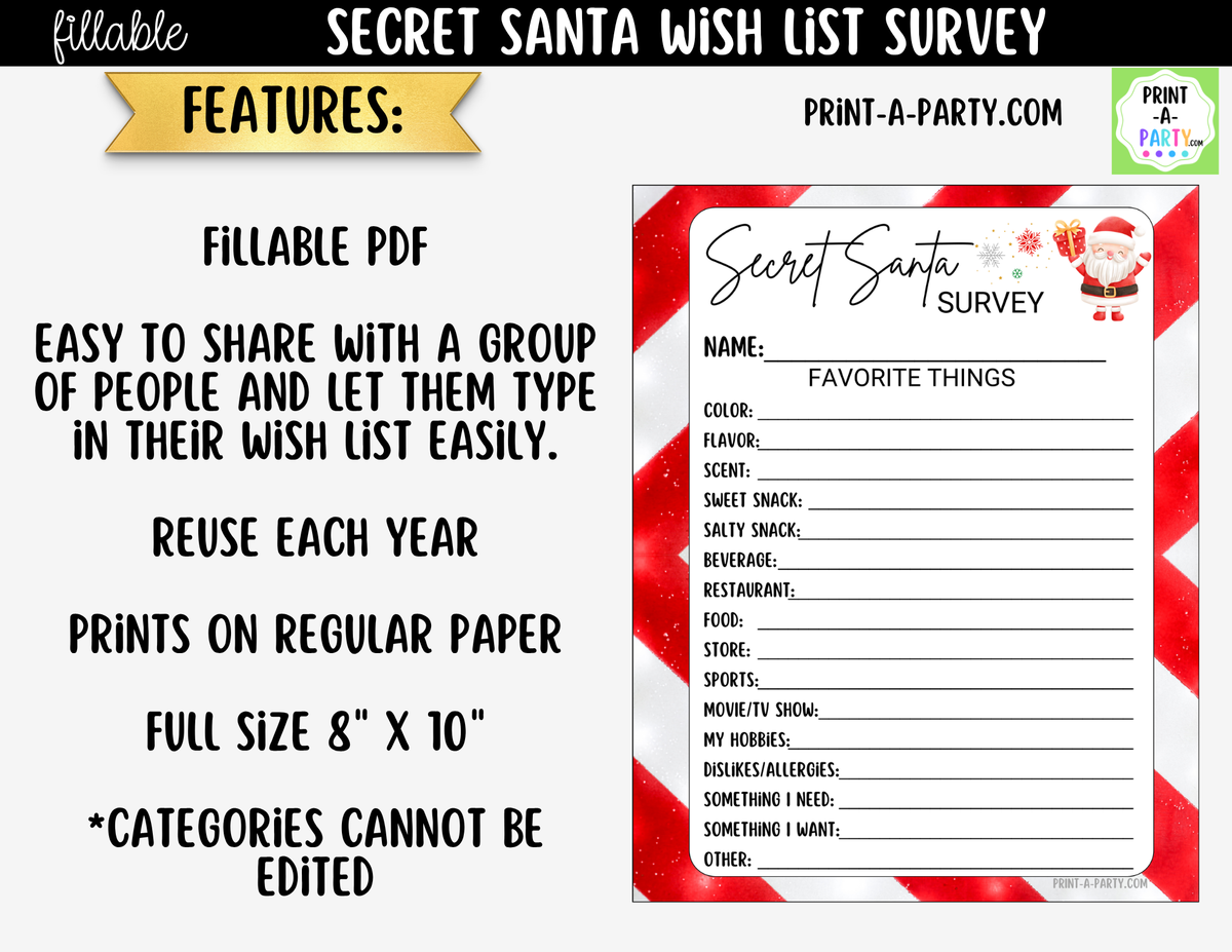 Secret Santa Wish List Fillable PDF | Digital Holiday Gift Exchange Survey