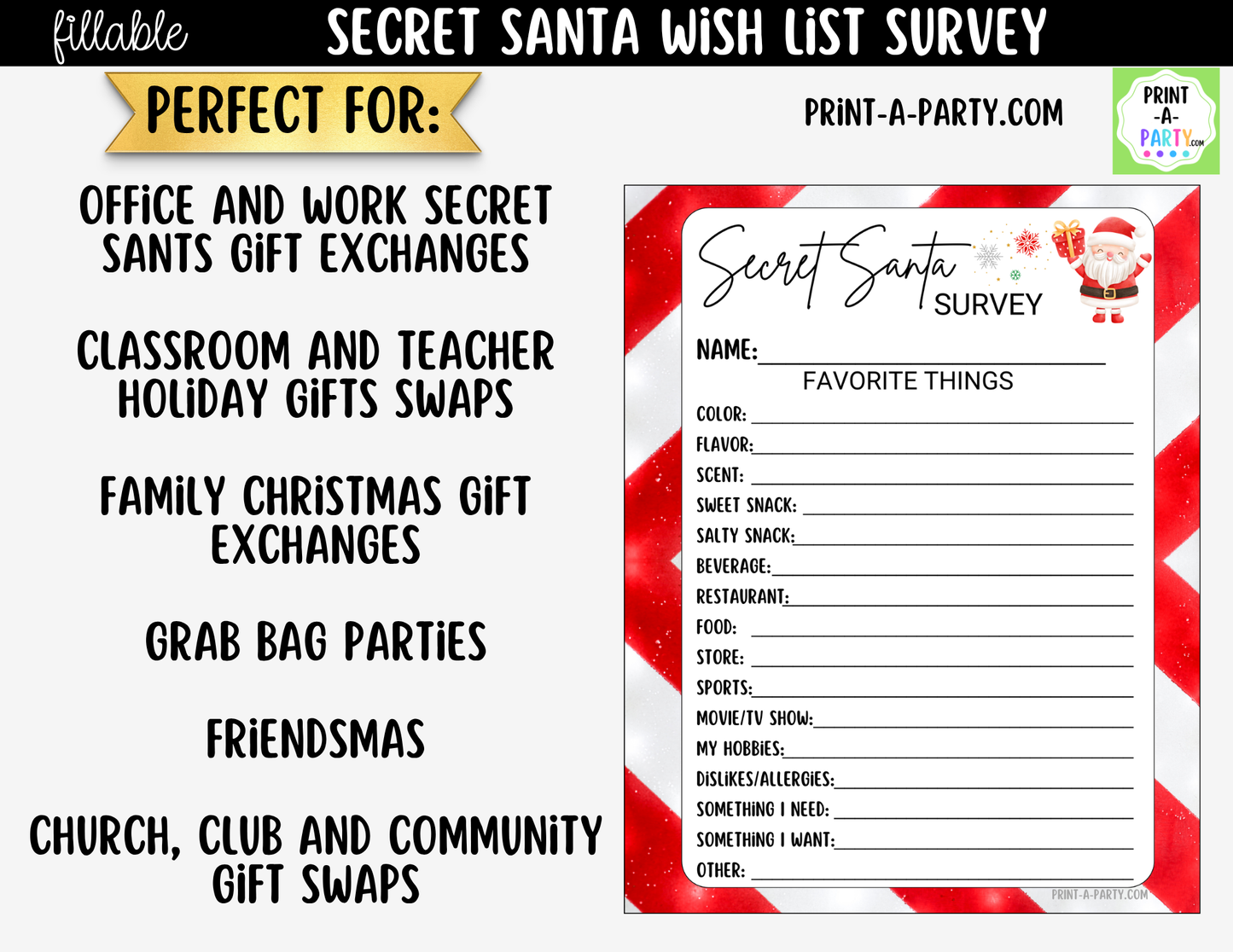 Secret Santa Wish List Fillable PDF | Digital Holiday Gift Exchange Survey