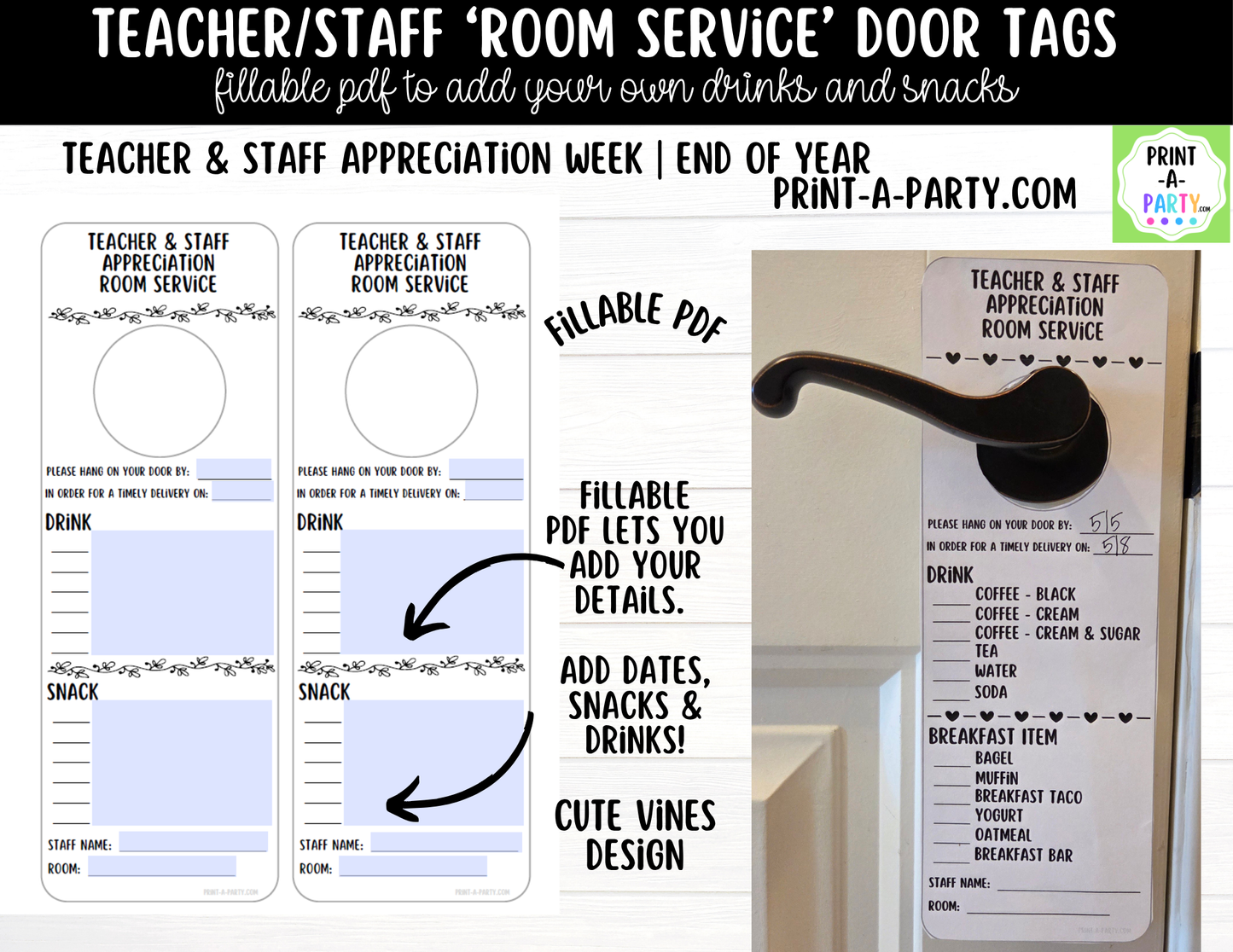 Room Service Door Tags - Editable via a Fillable PDF for Teacher Staff Appreciation