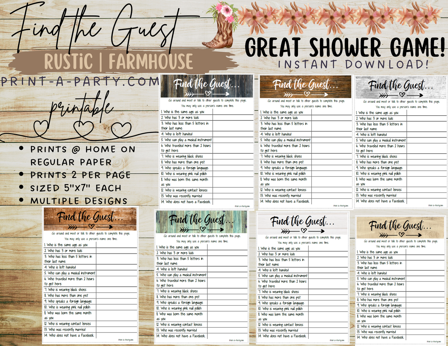 FIND THE GUEST Game | Rustic Farmhouse for Bridal Shower, Wedding Shower, Same Sex Wedding Shower | Rustic Wedding | Farmhouse Wedding