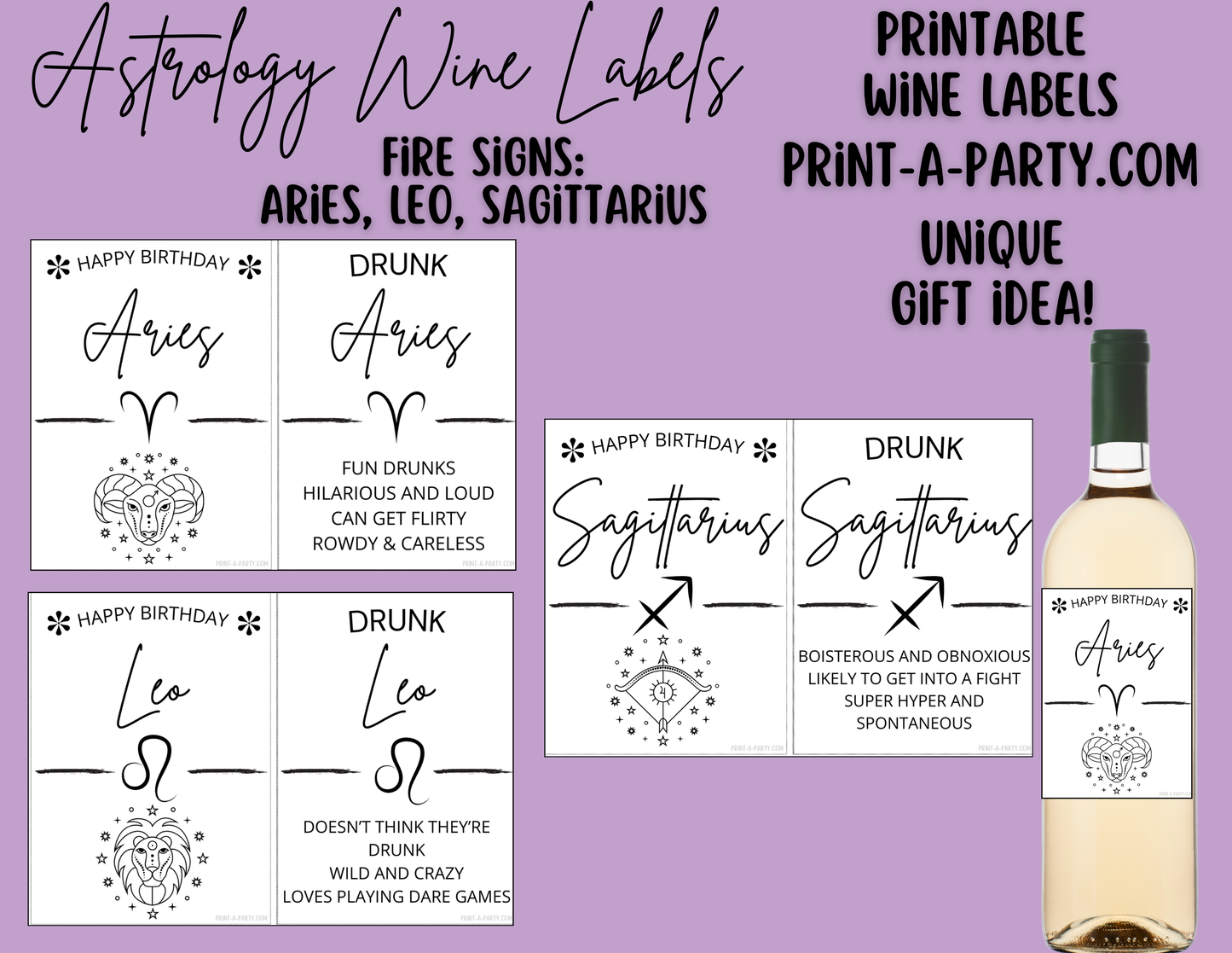 WINE LABELS: Astrology Zodiac Wine | Drunk Astrology Zodiac Signs | Astrology Wine | Zodiac Wine | Aries Taurus Gemini Cancer Leo Virgo Libra Scorpio Sagittarius Capricorn Aquarius Pisces | INSTANT DOWNLOAD