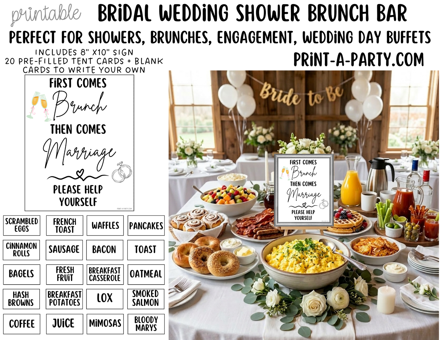 Bridal Brunch Bar Printable Sign & Tent Cards – Wedding Shower Brunch Buffet Decor, First Comes Brunch Instant Download