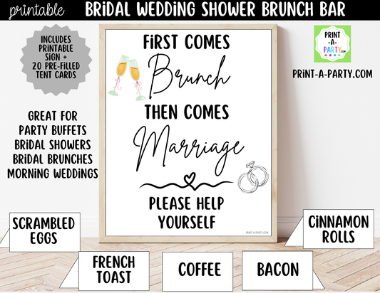 Bridal Brunch Bar Printable Sign & Tent Cards – Wedding Shower Brunch Buffet Decor, First Comes Brunch Instant Download