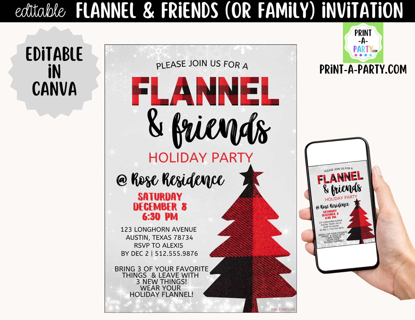 Flannel & Friends Christmas Party Invitation | Editable Canva Flannel Holiday Party Invite