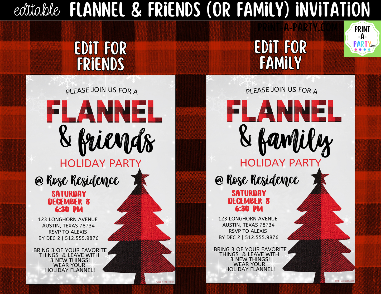Flannel & Friends Christmas Party Invitation | Editable Canva Flannel Holiday Party Invite
