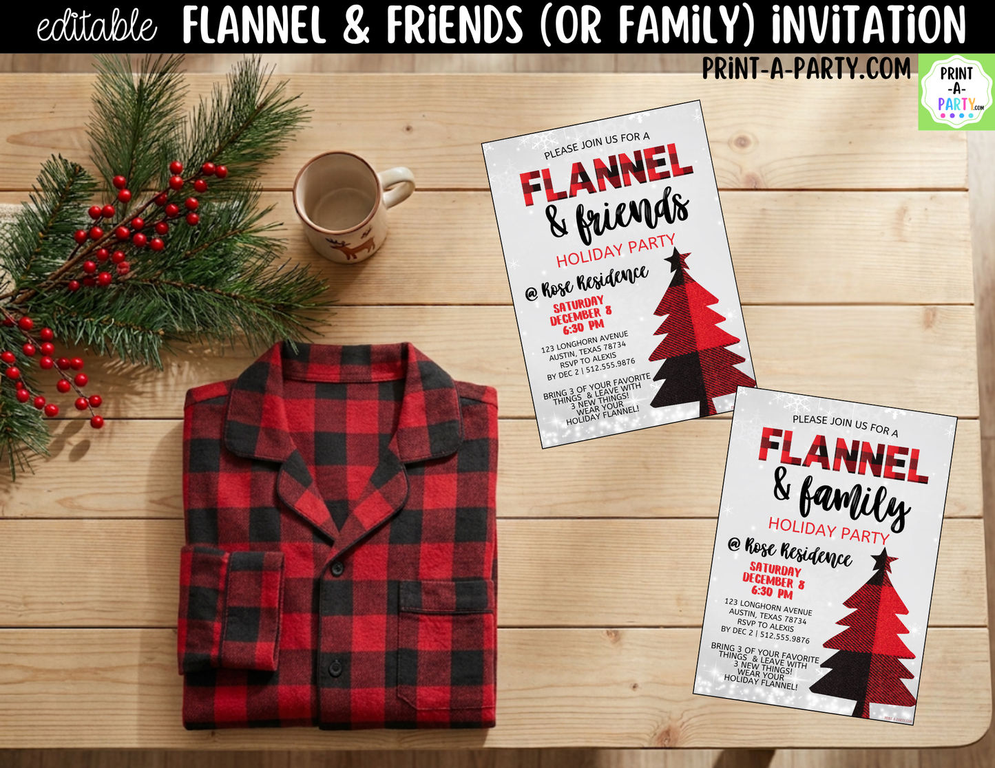 Flannel & Friends Christmas Party Invitation | Editable Canva Flannel Holiday Party Invite