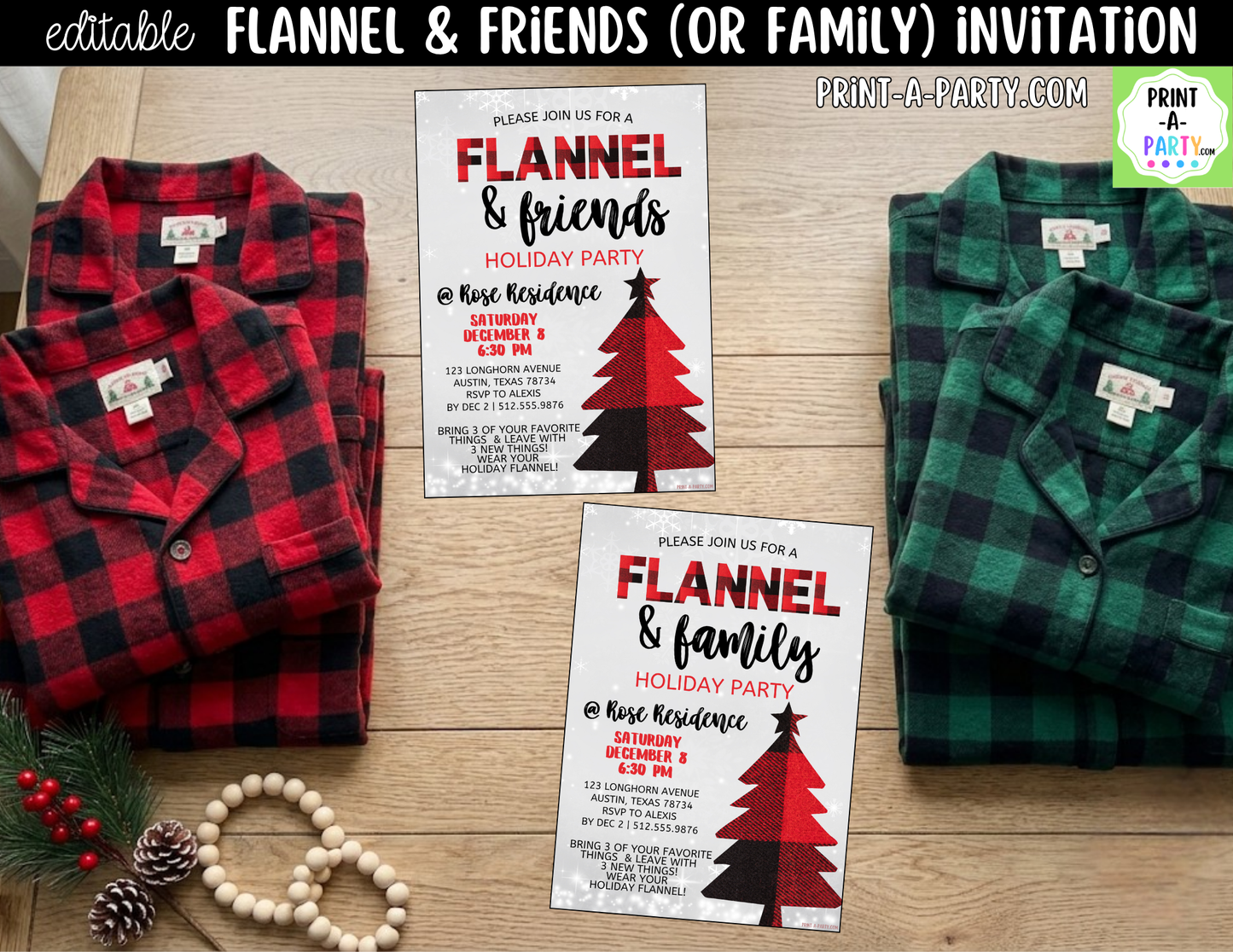 Flannel & Friends Christmas Party Invitation | Editable Canva Flannel Holiday Party Invite