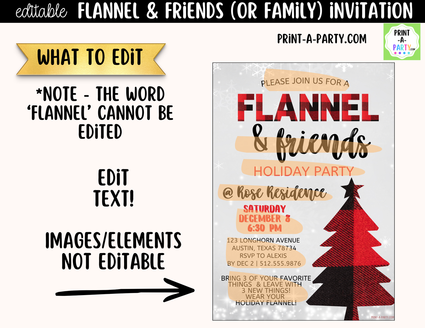 Flannel & Friends Christmas Party Invitation | Editable Canva Flannel Holiday Party Invite