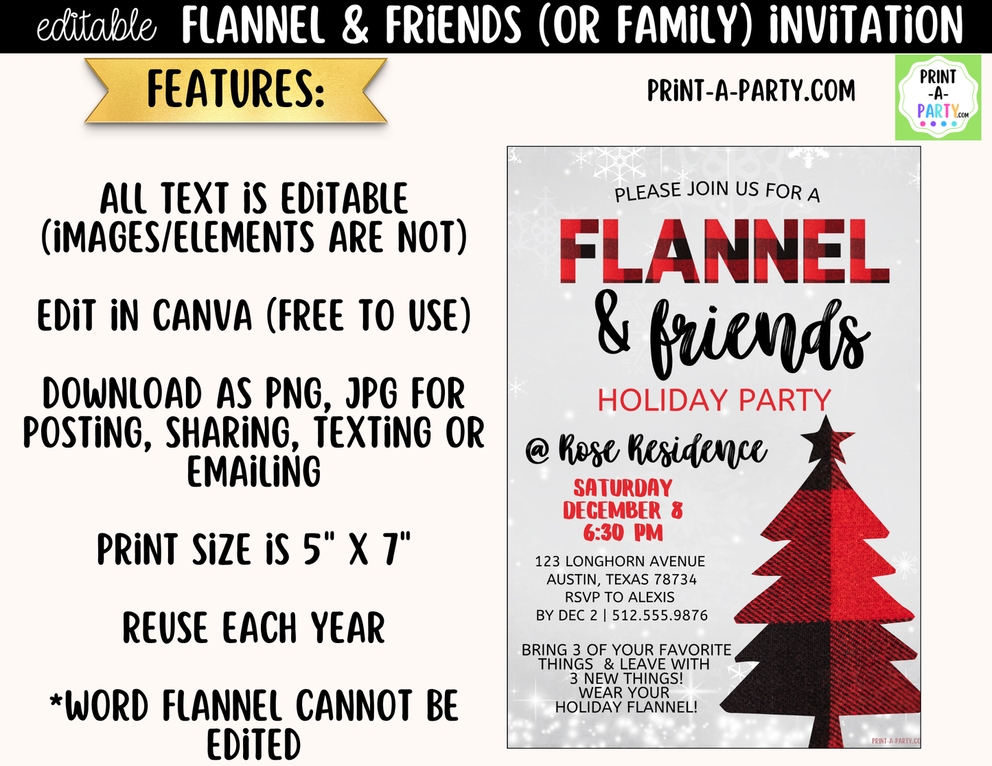 Flannel & Friends Christmas Party Invitation | Editable Canva Flannel Holiday Party Invite