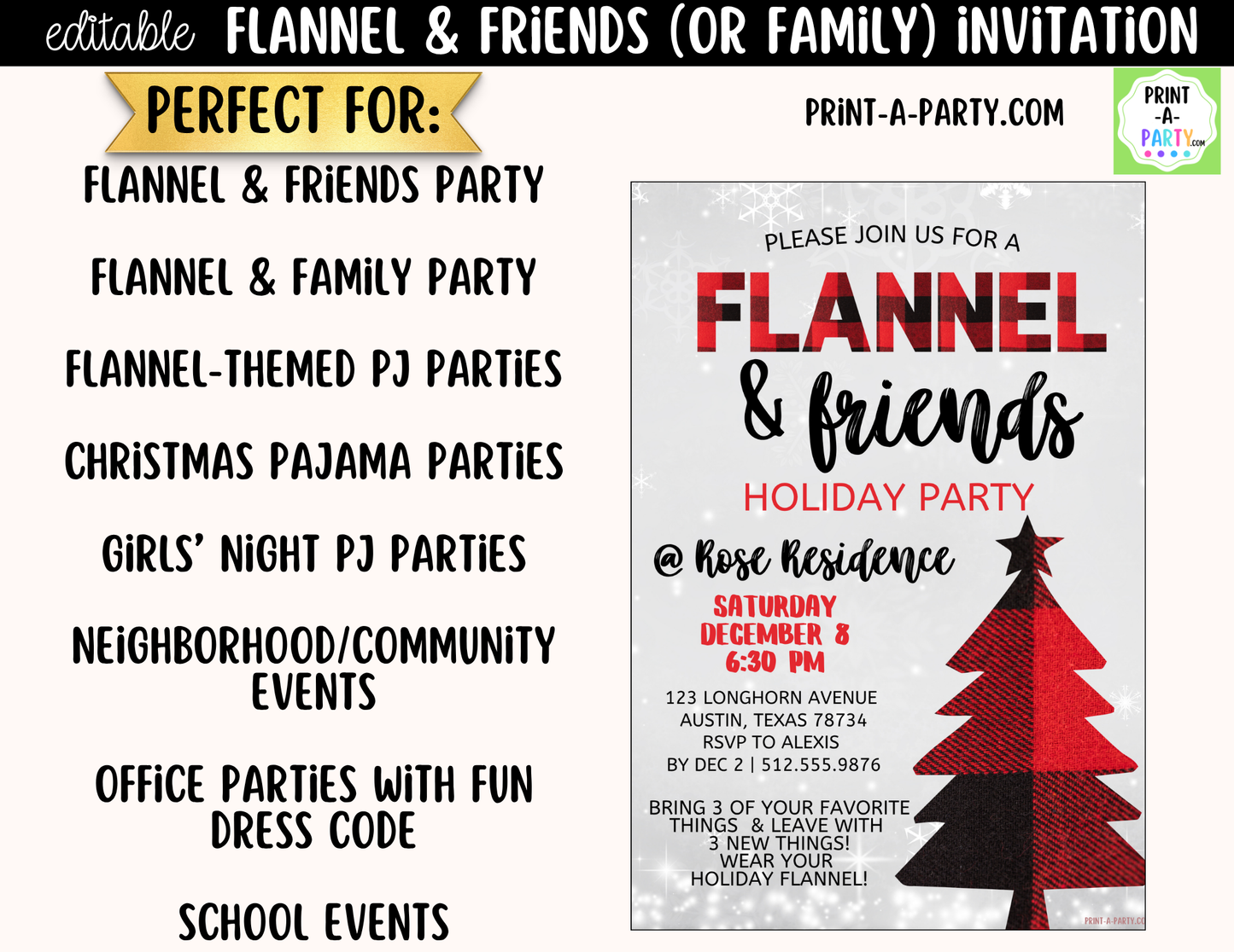 Flannel & Friends Christmas Party Invitation | Editable Canva Flannel Holiday Party Invite