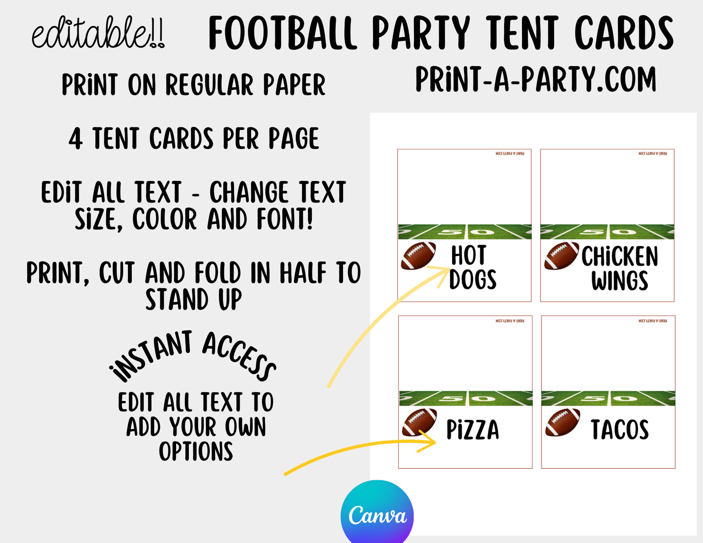 Editable FOOTBALL PARTY FOOD Bar - Sign and food labels - perfect for Super Bowl and Game Days!