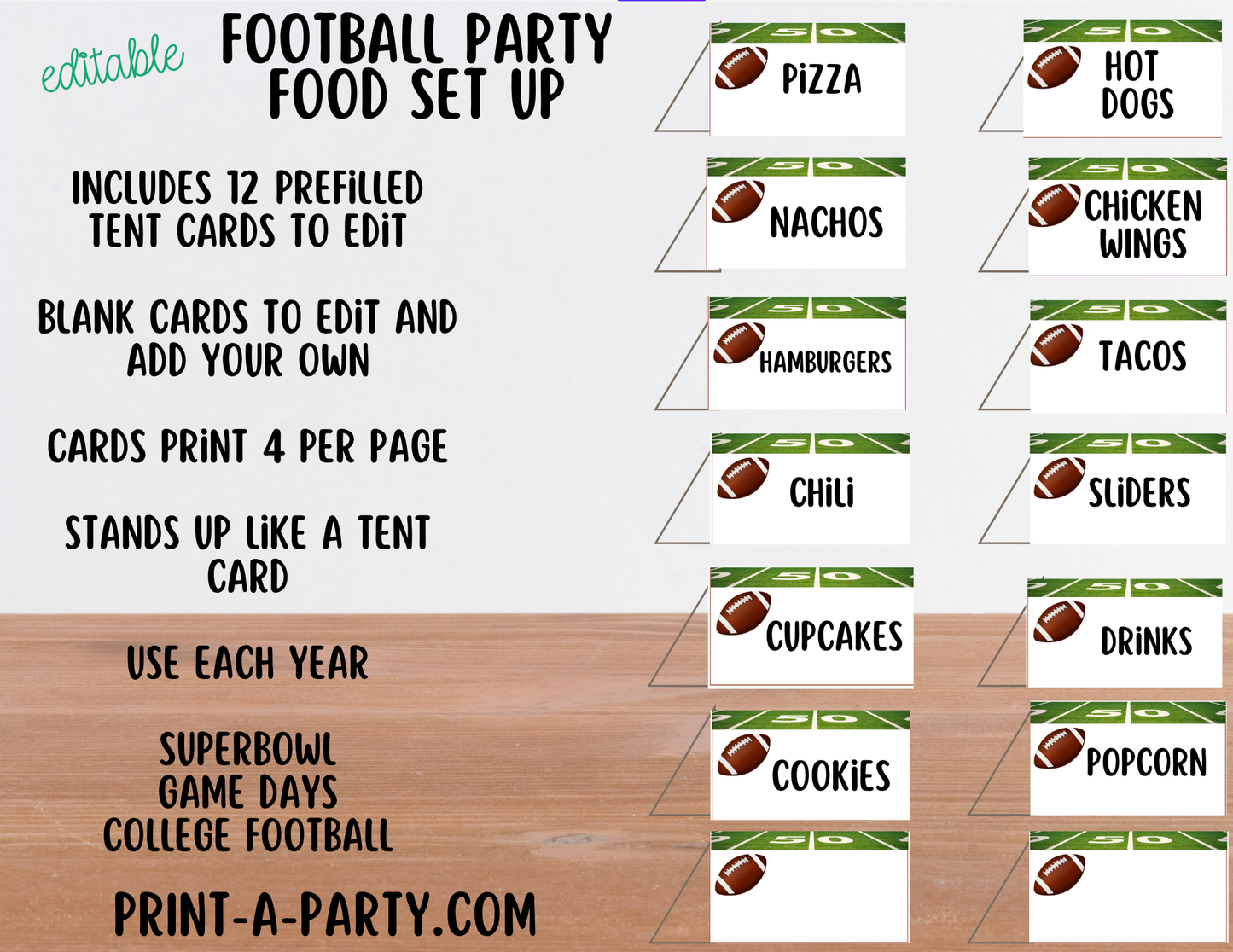 Editable FOOTBALL PARTY FOOD Bar - Sign and food labels - perfect for Super Bowl and Game Days!