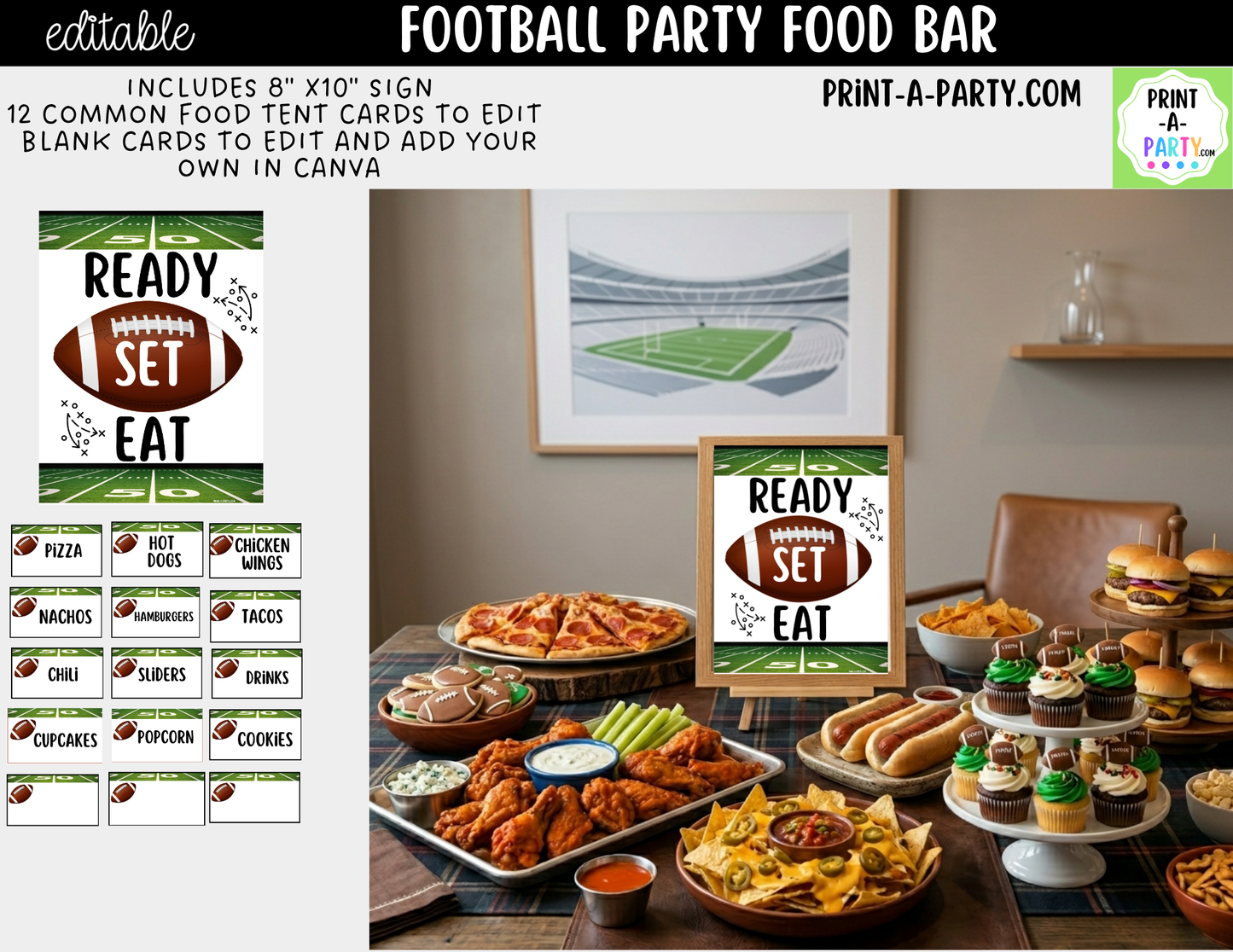 Editable Football Party Bar Printable Sign (8x10) and Tent Cards for Superbowl, Tailgate and College Watch Parties