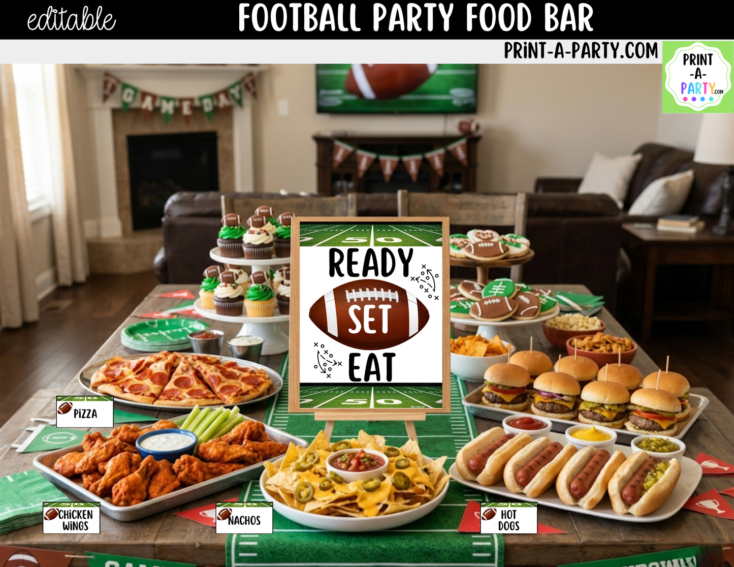 Editable Football Party Bar Printable Sign (8x10) and Tent Cards for Superbowl, Tailgate and College Watch Parties