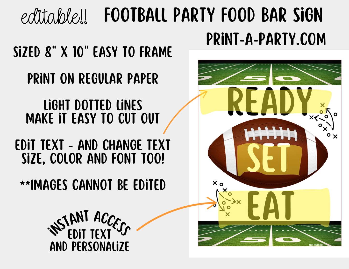 Editable Football Party Bar Printable Sign (8x10) and Tent Cards for Superbowl, Tailgate and College Watch Parties