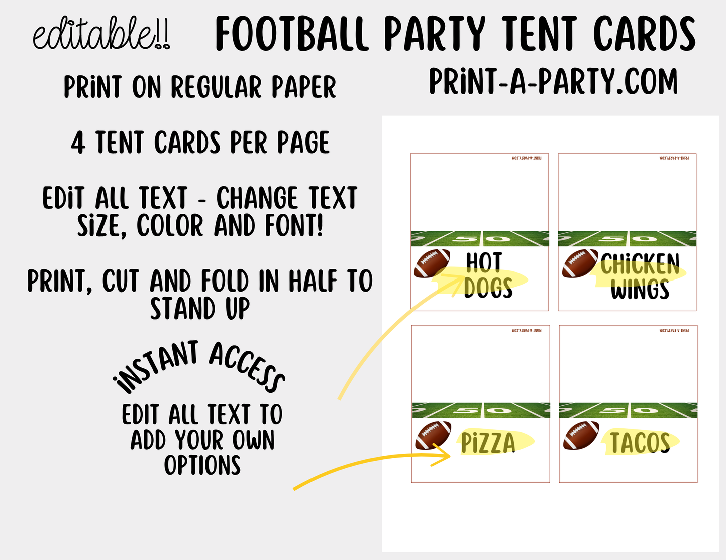 Editable Football Party Bar Printable Sign (8x10) and Tent Cards for Superbowl, Tailgate and College Watch Parties