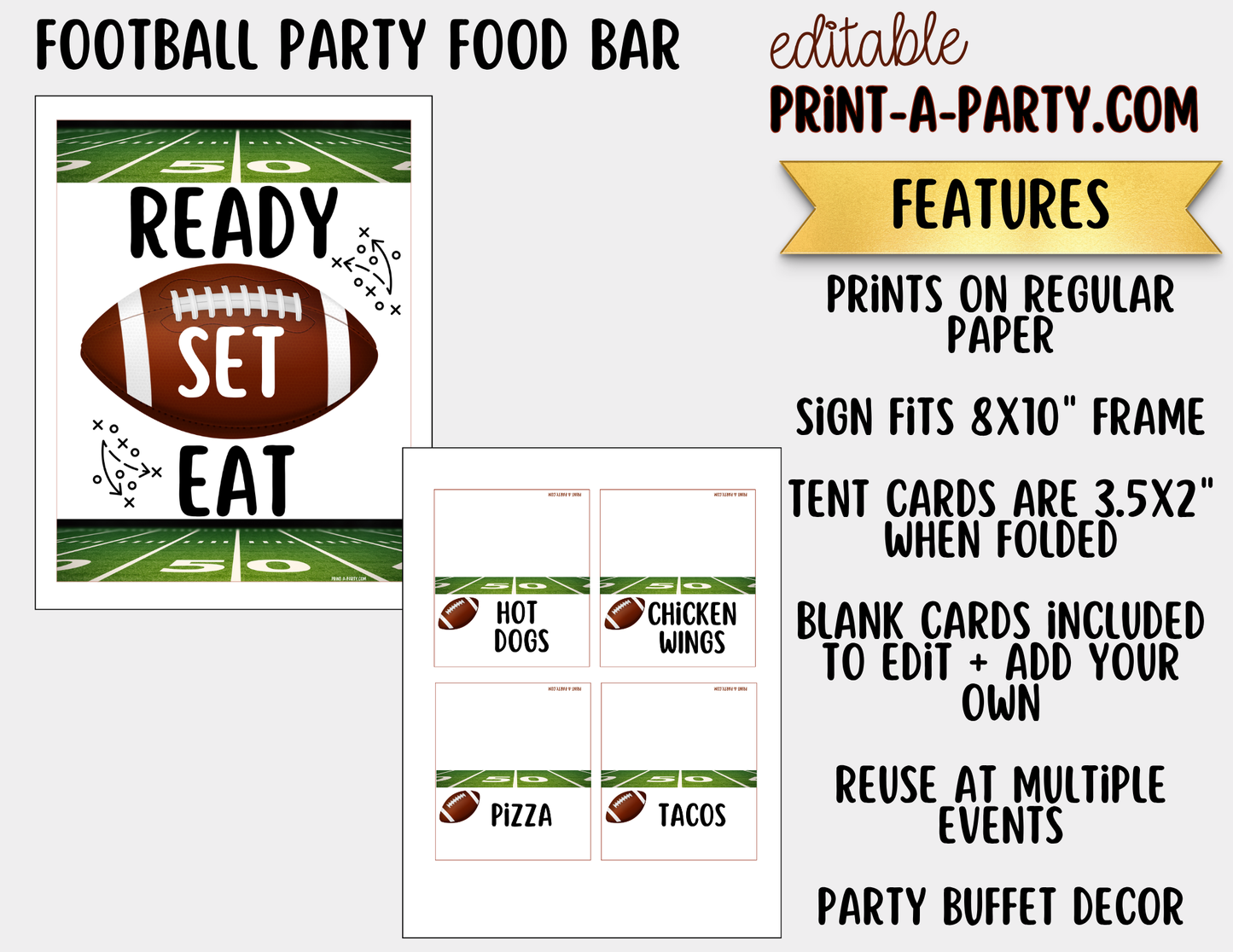 Editable Football Party Bar Printable Sign (8x10) and Tent Cards for Superbowl, Tailgate and College Watch Parties