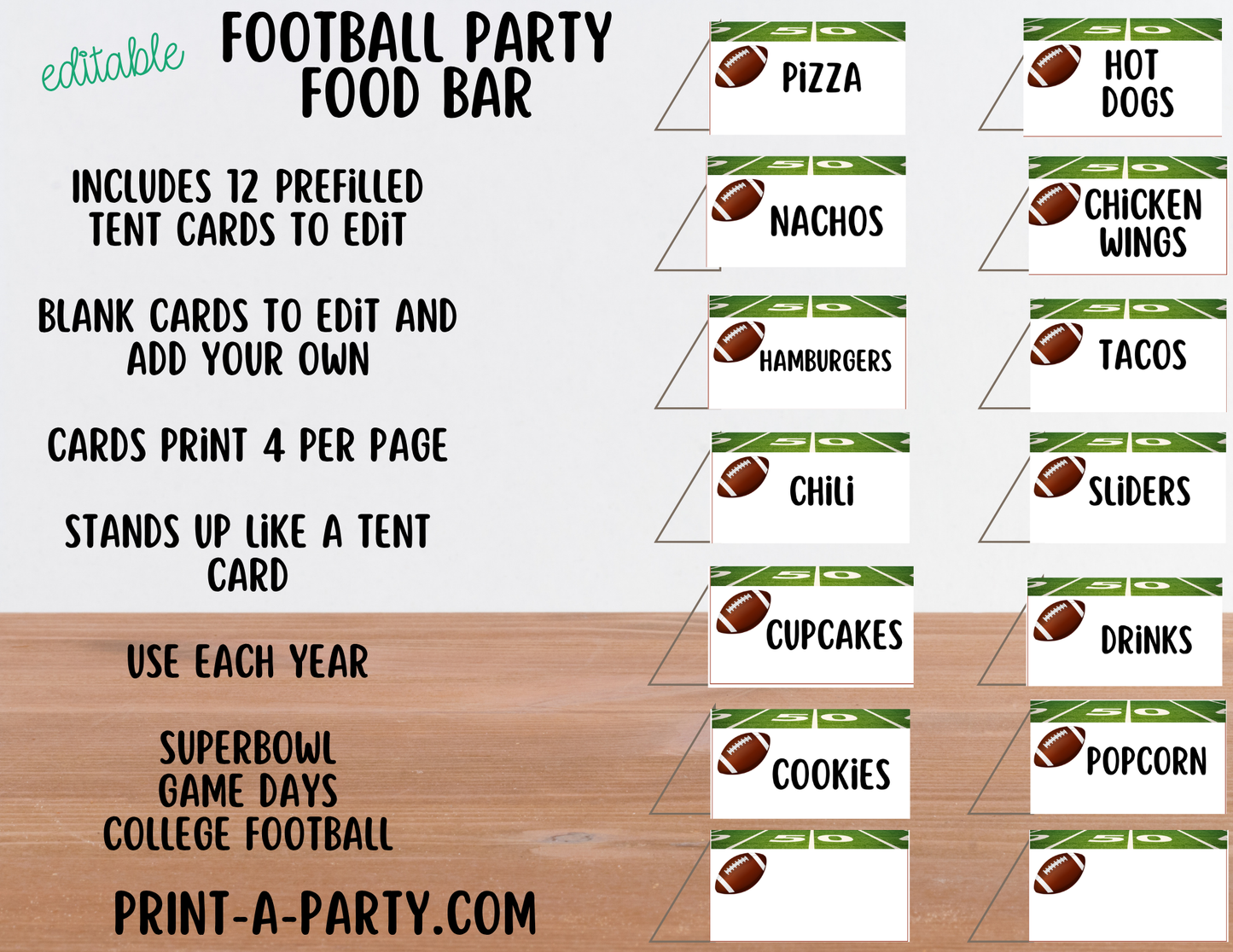 Editable Football Party Bar Printable Sign (8x10) and Tent Cards for Superbowl, Tailgate and College Watch Parties