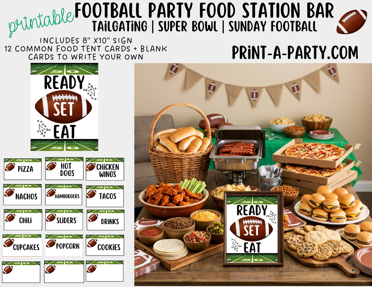 Football Party Food Buffet Printable Sign (8x10) + food tent cards - for Super Bowl and Game Days!