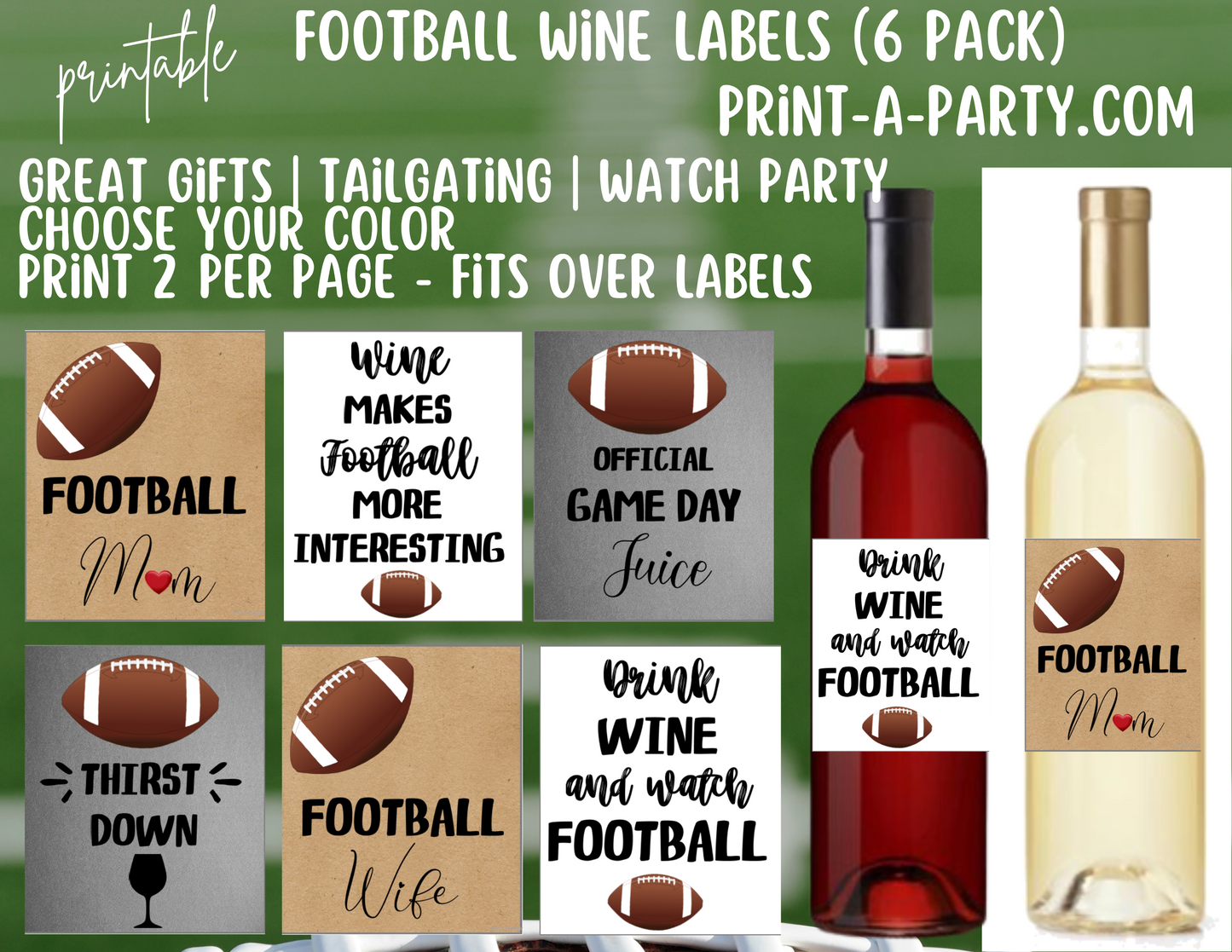 WINE LABELS: Football Wine | Football Mom | Football Wine | Football Humor Wine Labels (6) - INSTANT DOWNLOAD - Pick your design