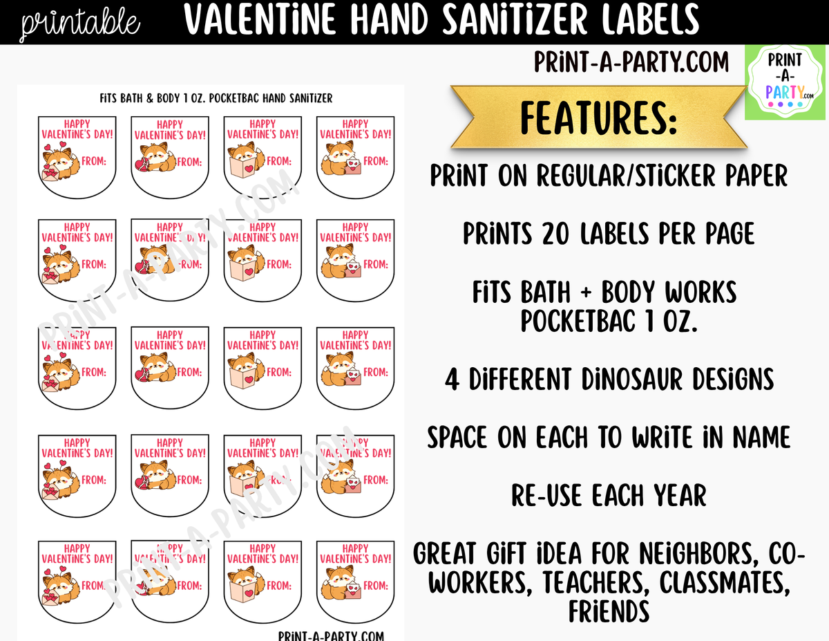 Valentine Fox Hand Sanitizer Labels Printable
