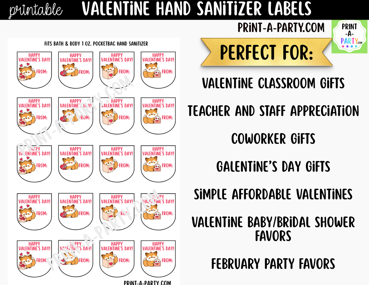 Valentine Fox Hand Sanitizer Labels Printable