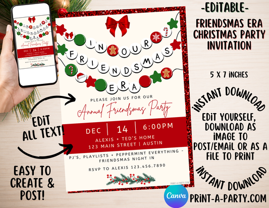 FRIENDSMAS PARTY Editable Holiday Invitation Template | Trendy “In Our Friendsmas Era” Canva Invite