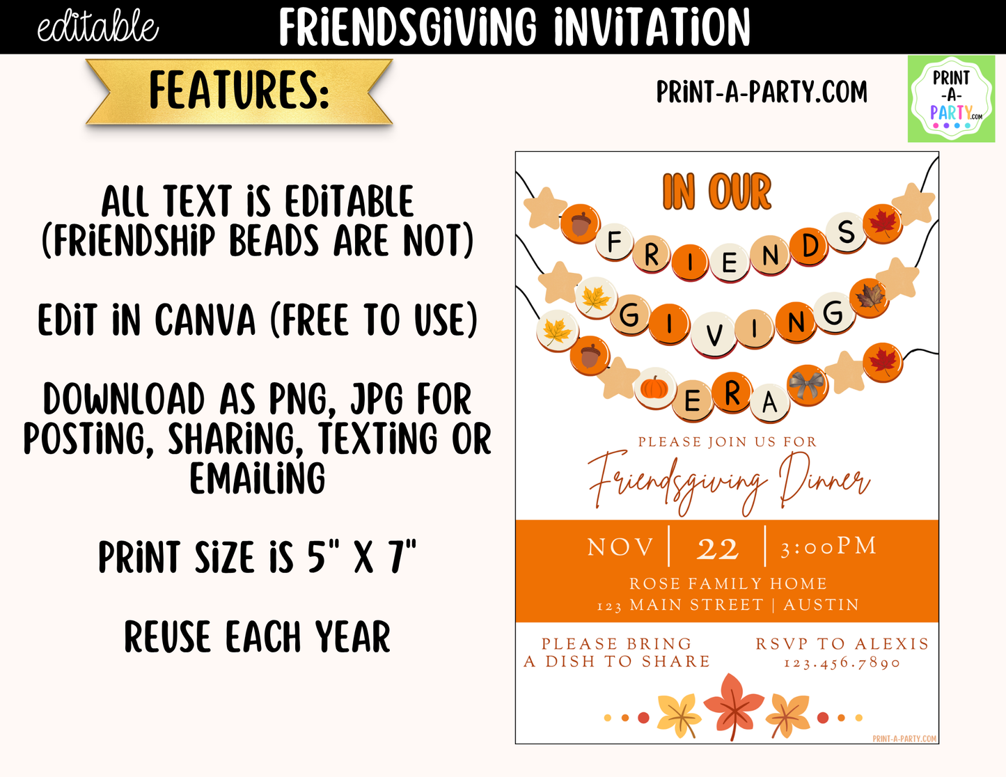 Editable Friendsgiving Invitation | Canva Template | 5x7 Thanksgiving Invite