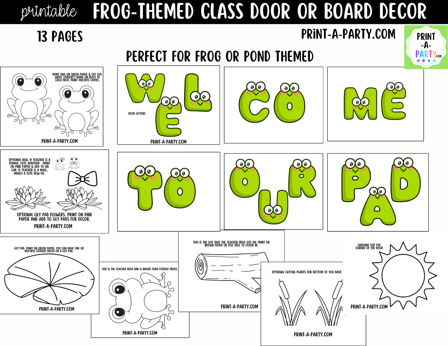 Frog-themed Printable Classroom Decor Kit for Doors, Boards, Hallways - Welcome To Our Pad
