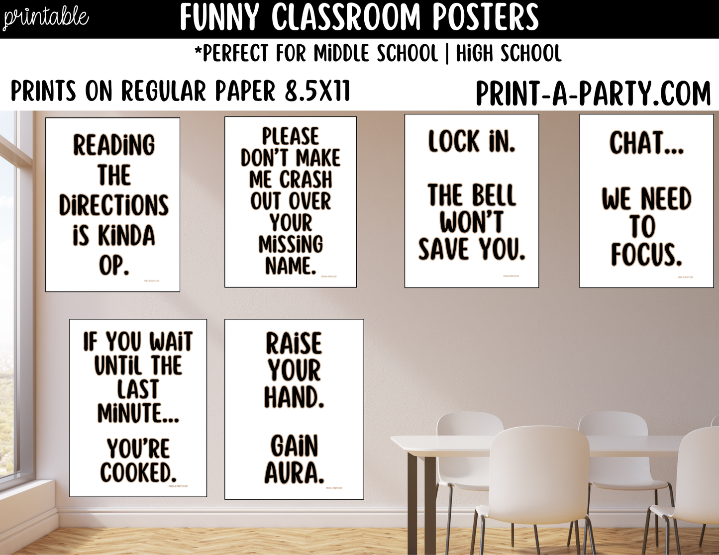 Funny Classroom Posters Bundle | 6 Printable Teacher Wall Decor Signs | Modern Classroom Decor | Student Humor Quotes