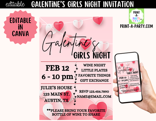 Galentine's Day Invitation Printable – Editable Canva Template